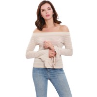 Trumpet Sleeve Blouses Neckline Striped Knit T-Shirts